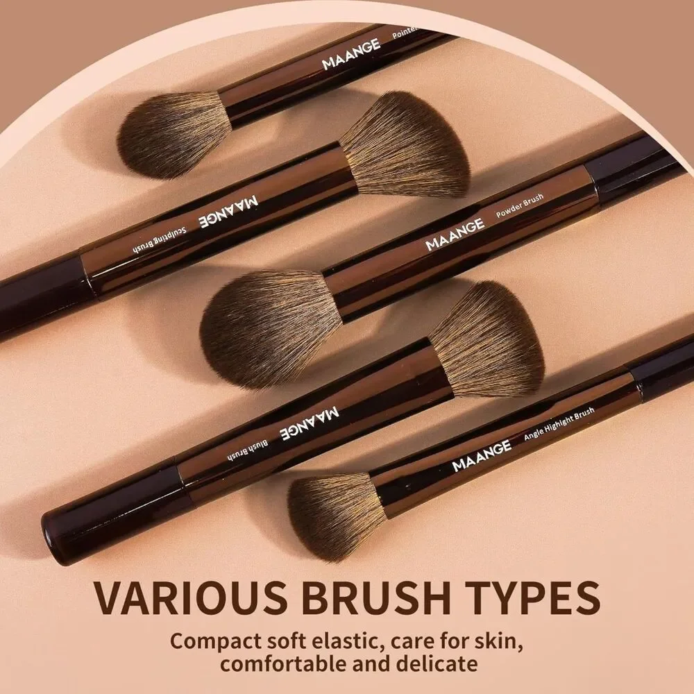 Maange 14pcs Coffee Premium Synthetic Makeup Brushes Set With Aluminum Ferrule